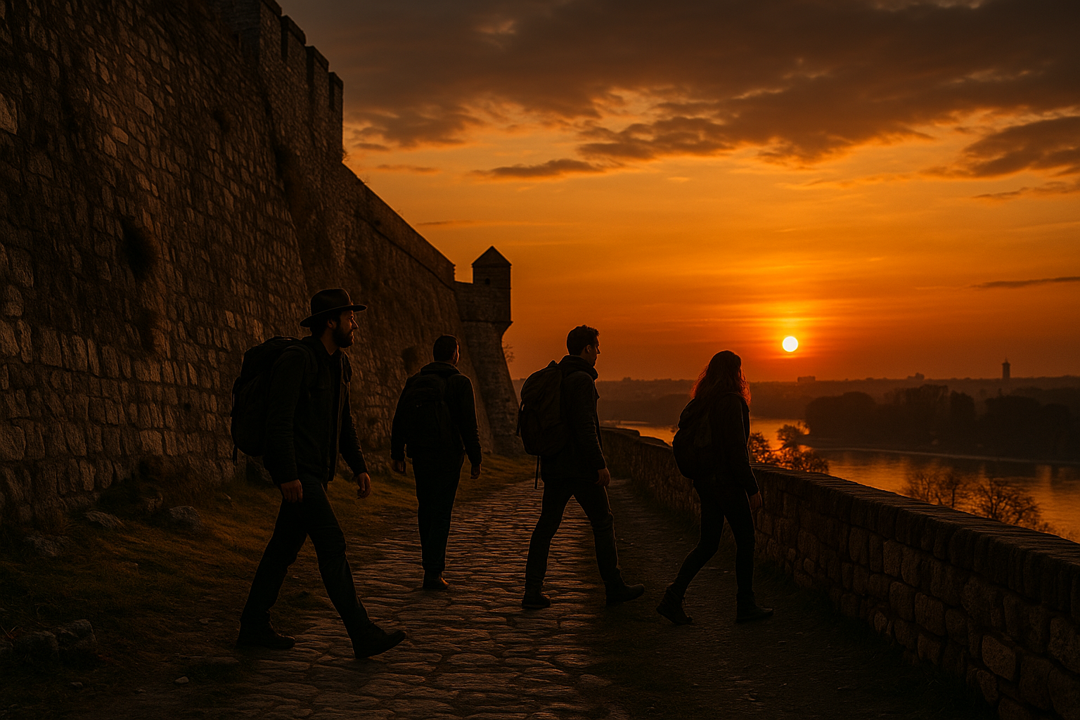 A group of explorers walking along the ancient stone walls of Kalemegdan Fortress at dusk.
